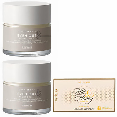Oriflame OPTIMALS Even Out Night Cream 50 ml ( pack of 2 ) with MILK & HONEY GOLD Softening Creamy Soap Bar 100 g(3 Items in the set)