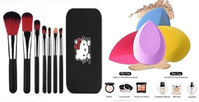 Aneesho Girls Face Makeup 7 Piece brush Black +4Beauty Sponge Combo(11 Items in the set)