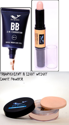 BLUEMERMAID BEST CONCEALER STICK WITH LOOSE POWDER COMPACT & FOUNDATION(3 Items in the set)