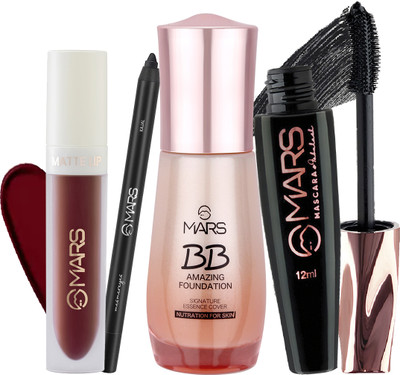 MARS ULTRAAAA Coverage Foundation with Mesmereyes Matte Black Kajal & Fabulash Mascara, Matte Cute Liquid Lipstick Insta Wedding Kit(4 Items in the set)