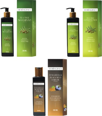 HERBAGRACE Kit of Fenugreek and Black Seed Oil 200ml + Tea Tree Shampoo & Conditioner 200ml Each(3 Items in the set)