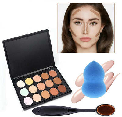 Facejewel 15 color Contour Cream Concealer Palette with Blender Sponge Puff and Oval Foundation Brush Matte Finish(3 Items in the set)