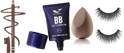 BLUEMERMAID FLAWLESS LOOK FOUNDATION + FAKE EYELASHES + MAKEUP BLENDER + BROWN EYEBROW PENCIL COMBO(4 Items in the set)