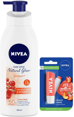 NIVEA Natural Glow Cell Repair Body Lotion 400 ML & Peach Shine Lip Balm(2 Items in the set)