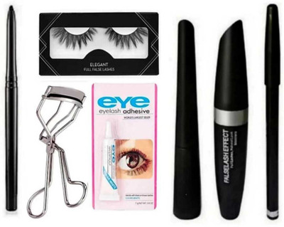 mkldsrh 3 in 1 eyeliner kajal mascara with eyelashes & eyelashes glue with curler & eyebrow pencil(7 Items in the set)