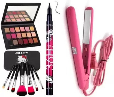 wryak Rose Gold Edition Eyeshadow Palette & 36 Hours Eyeliner & Mini Straightener & Black Makeup Brushes Pack of 7(4 Items in the set)