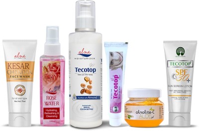 Alna Care Kesar Chandan Face wash + Rose water + Tecotop Moisturizer & scar Cream + Alnalite-C Aloe Gel + Tecotop Spf 30+ Sunscreen Lotion(6 Items in the set)