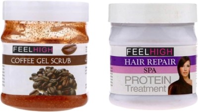 feelhigh Face and Body Coffee Gel Scrub 500ml And Hair Spa protein Cream 500ml - Skin care and Facial Products -Man woman(2 Items in the set)