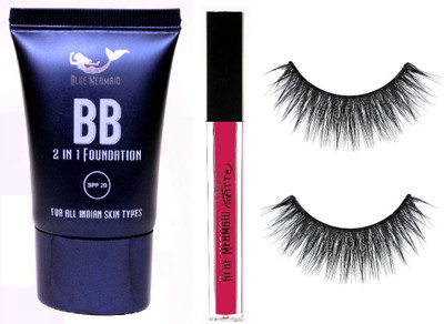 BLUEMERMAID PERFECT LOOK COMBO BB FOUNDATION + PINK LIQUID LIPSTICK & 3D EYELASHES(3 Items in the set)