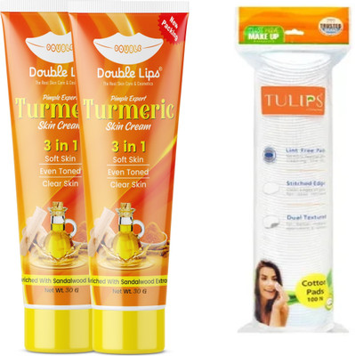 DOUBLE LIPS Cotton Pads 50 in Each (Pack of 1) With Turmeric Cream 30 g Pack of 2(3 Items in the set)