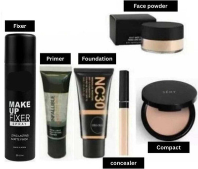 mkldsrh waterproof fixer with primer foundation concealer compact powder & loose powder for face make up kit(6 Items in the set)