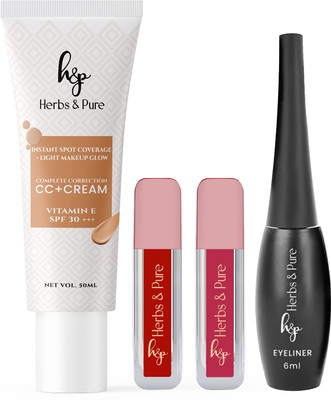 Herbs and Pure Lip & Face Combo: 2 Bold Lipsticks 4ml, Eyeliner 6ml & CC Cream 50ml for Glow & Glam(3 Items in the set)