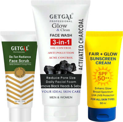 getgal Glow Clean Whitening Activated Charcoal Facewash with Face Scrub & Sunscreen SPF 50 PA++(3 Items in the set)