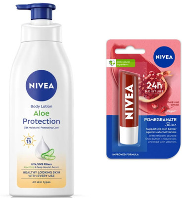 NIVEA ALOE PROTECTION BODY LOTION 400 ML & POMEGRANATE SHINE LIP BALM 4.8G(2 Items in the set)