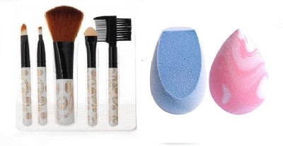 Aneesho Girls Face Makeup 5 Piece brush Black+2Beauty Sponge Combo(7 Items in the set)