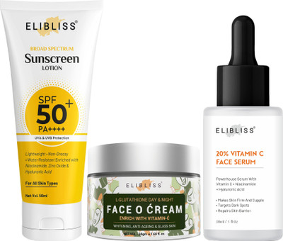 ELIBLISS Glow & Protect Your Skin with Vitamin C Serum, SPF 50+ Lotion & Face Cream Combo(3 Items in the set)