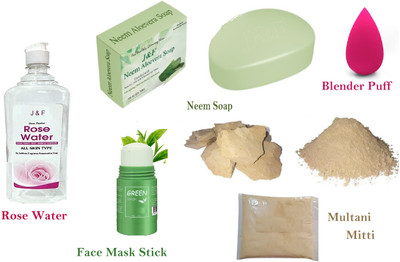 J & F Rose Water With Neem Soap , Green Tea Face Mask Stick , Multani Mitti & Blender Puff(5 Items in the set)