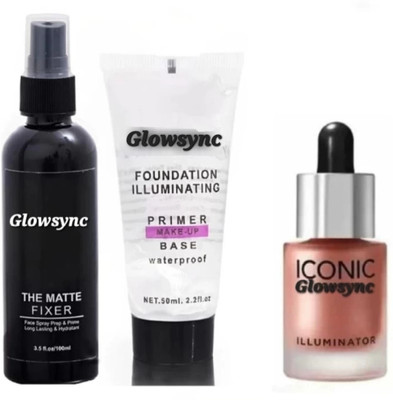 Glowsync Combo of iconic liquid highlighter, makeup fixer spray and Iluminating Primer (set of 3 items)(3 Items in the set)