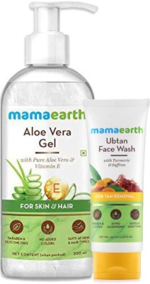 Mamaearth Aloe Vera Gel For Face - 300ml & Ubtan Face Wash With Turmeric & Saffron For Tan Removal 100ml(2 Items in the set)