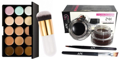 RTB Gel Eyeliner Black & Brown,15 Color Contour with Professional Foundation Brush(3 Items in the set)