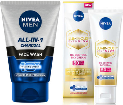 NIVEA All-In-1 Charcoal Face Wash 100ml & Luminous Oil Control Day Cream 10ml(2 Items in the set)