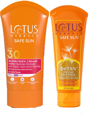 LOTUS HERBALS Safe Sun Combo ( Safe Sun Block Cream SPF 30 PA++ _ 100 gm + Detan After-Sun Face Pack_ 100 gm )(2 Items in the set)