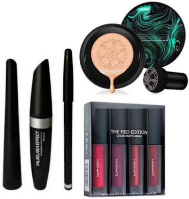 mkldsrh sunisha foundation with 4 in 1 liquid lipstick 3 in 1 kajal eyeliner mascara for face make up(3 Items in the set)