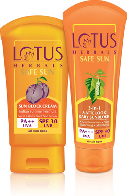 LOTUS HERBALS Cream 50 g and Safe Sun Indian Summer Formula Pf++ Uva|Spf 30 Uvb Sun Block Cream100 g(2 Items in the set) LOTUS HERBALS Cream 50 g and Safe Sun Indian Summer Formula Pf++ Uva|Spf 30 Uvb Sun Block Cream100 g(2 Items in the set)