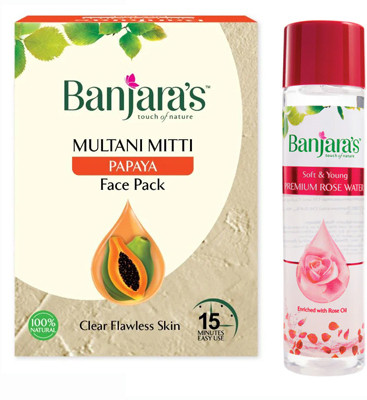 Banjaras Multani Mitti with Papaya Face Pack Powder, 100g & Rose water 120ml COMBO(1 Items in the set)