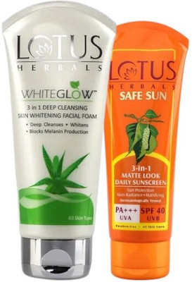 LOTUS HERBALS Whiteglow 3 In 1 Deep Cleansing Skin Brightening Facial Foam100G with Safe Sun 3 In 1 Matte-Look Daily Sunscreen SPF 40 PA+++75g(2 Items in the set) LOTUS HERBALS Whiteglow 3 In 1 Deep Cleansing Skin Brightening Facial Foam100G with Safe Sun 3 In 1 Matte-Look Daily Sunscreen SPF 40 PA+++75g(2 Items in the set)