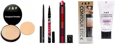 J & F Face Compact,Kajal, Eyeliner,Contour,5 in 1 Red,Primer(6 Items in the set)