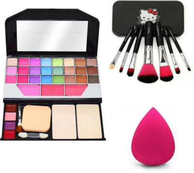 brown blush MAKEUP KIT WITH BLACK BRUSH SET AND PUFF(3 Items in the set)