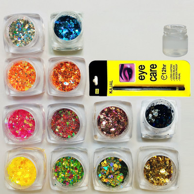 vizo Eyeshadow chunky glitter powder multicolour 12 pcs + KAJAL + Glitter Gule(14 Items in the set)