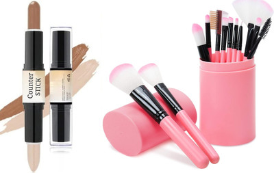 MISTY ALLE 12 pce storage brushes with 1 pc 2 in1 contour highlighter stick(13 Items in the set)