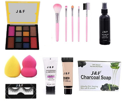 J & F 12 color Eyeshadow Palette, 5 pcs makeup brushes,Eyelashes ,Blender Puff(8 Items in the set)