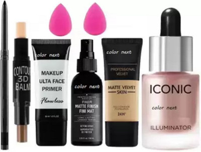 COLOR NEXT FACE PRIMER , FOUNDATION , 2 IN 1 CONTOUR STICK iconic highlighter kajal 2 blender(8 Items in the set)