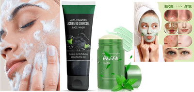 REIMICHI ACTIVATED CHARCOAL FACE WASH WITH GREEN MASK STICK FOR SKIN CARE(2 Items in the set)