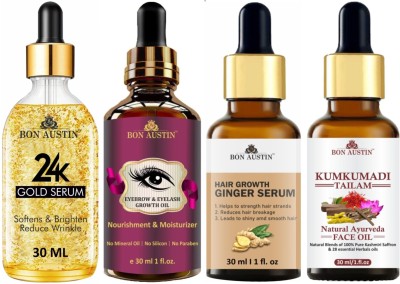 Bon Austin 24K Gold Serum, Eyebrow Growth Oil, Hair Growth Serum & Kumkumadi Tailam - Combo of 4 Item (Each,30ml)(4 Items in the set)