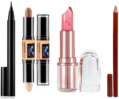 BLUEMERMAID PROFESSIONAL COLOR CHANGING LIPSTICK + BLACK EYELINER + RED PENCIL KAJAL & CONTOUR STICK COMBO(4 Items in the set)