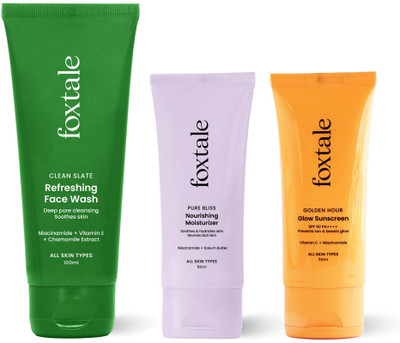Foxtale Essentials Combo | Skin Barrier Defender | With Gel Face Wash 100ml + Daily Moisturizer 50ml + Daily Sunscreen 50ml(3 Items in the set)
