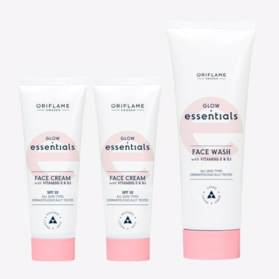 Oriflame ESSENTIALS Glow Essentials Face Cream with Vitamins E & B3 SPF 10 50 ml (pack of 2) , Face Wash with Vitamins E & B3 125 ml(3 Items in the set)
