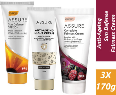 ASSURE Anti-Ageing Night Cream &Sun Defense SPF 30+ And Complete Fairness Cream 3pcs(3 Items in the set)