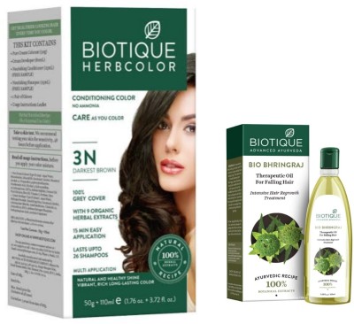 BIOTIQUE Conditioning Hair Color 3N Darkest Brown & Henna Leaf Shampoo 120 ML  (2 Items in the set)