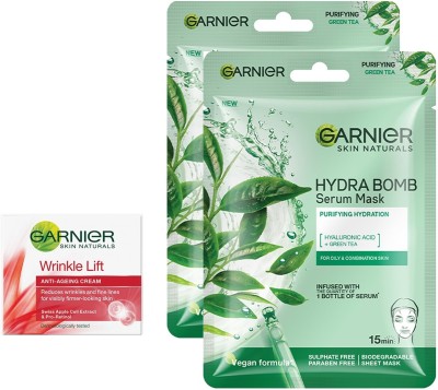 GARNIER Skin Naturals Hydra Bomb Green Tea Serum Mask 2 PCS + Anti Ageing Wrinkle Cream 18g(3 Items in the set)