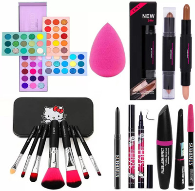 SUBHMUN Kajal & Puff & 3in1 36H Black Eyeliner Mascara & Color Board Eyeshadow, 7pc Makeup Brush & Contour Stick(7 Items in the set)