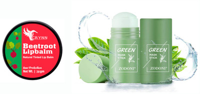 Crynn Essential BeetRoot Natural Tinted Lip Balm Sun Protection& Green Tea Cleansing Mask Stick for Face |(2 Items in the set)