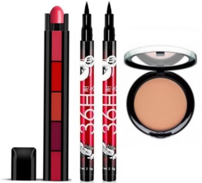 Hot Beauty 5 in 1 Lipstick + 2 Eyeliner & POWDER FOUDATION, SHADE L2 Foundation(4 Items in the set)