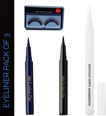 CRAZYHUDA Waterproof & Long Last White Eyeliner Pen With Mini Black And Blue Eyeliner(4 Items in the set)