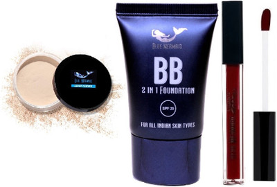 BLUEMERMAID HIGH PIGMENT MAKEUP COMBO FOUNDATION+LOOSE POWDER+LIPSTICK(3 Items in the set)