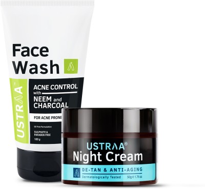 USTRAA Face Wash Acne Control - With Neem & Charcoal - 100 g & Night Cream - De-tan and Anti-aging - 50 g(2 Items in the set)